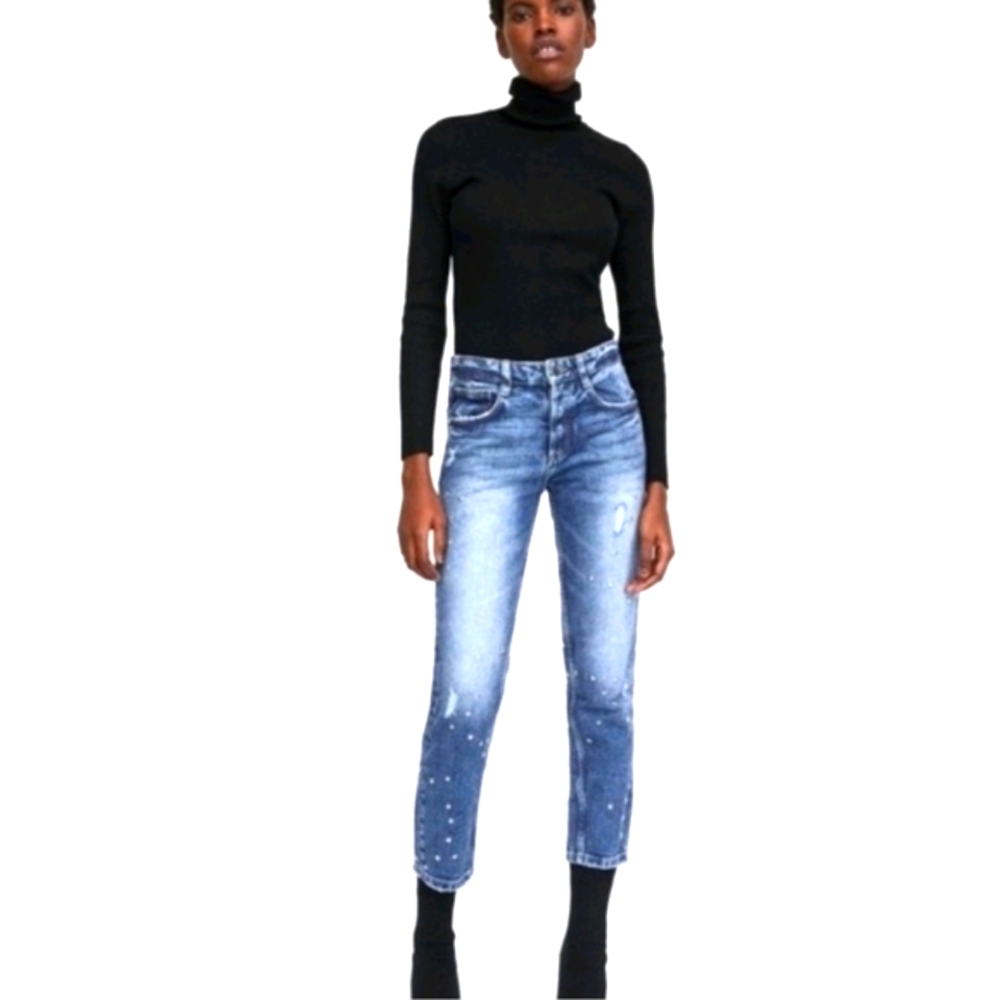 ZARA Distressed Fringed Mid-Rise Button Fly Silver Studded Jeans‎ Women'…